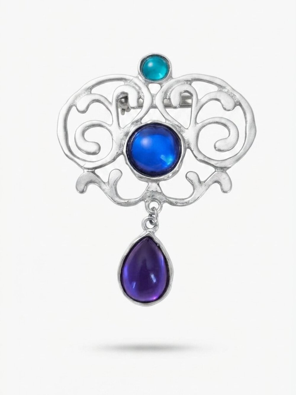 Vintage Silver-Tone Filigree Brooch | Ornate Scrollwork Pin with Blue Cabochon a